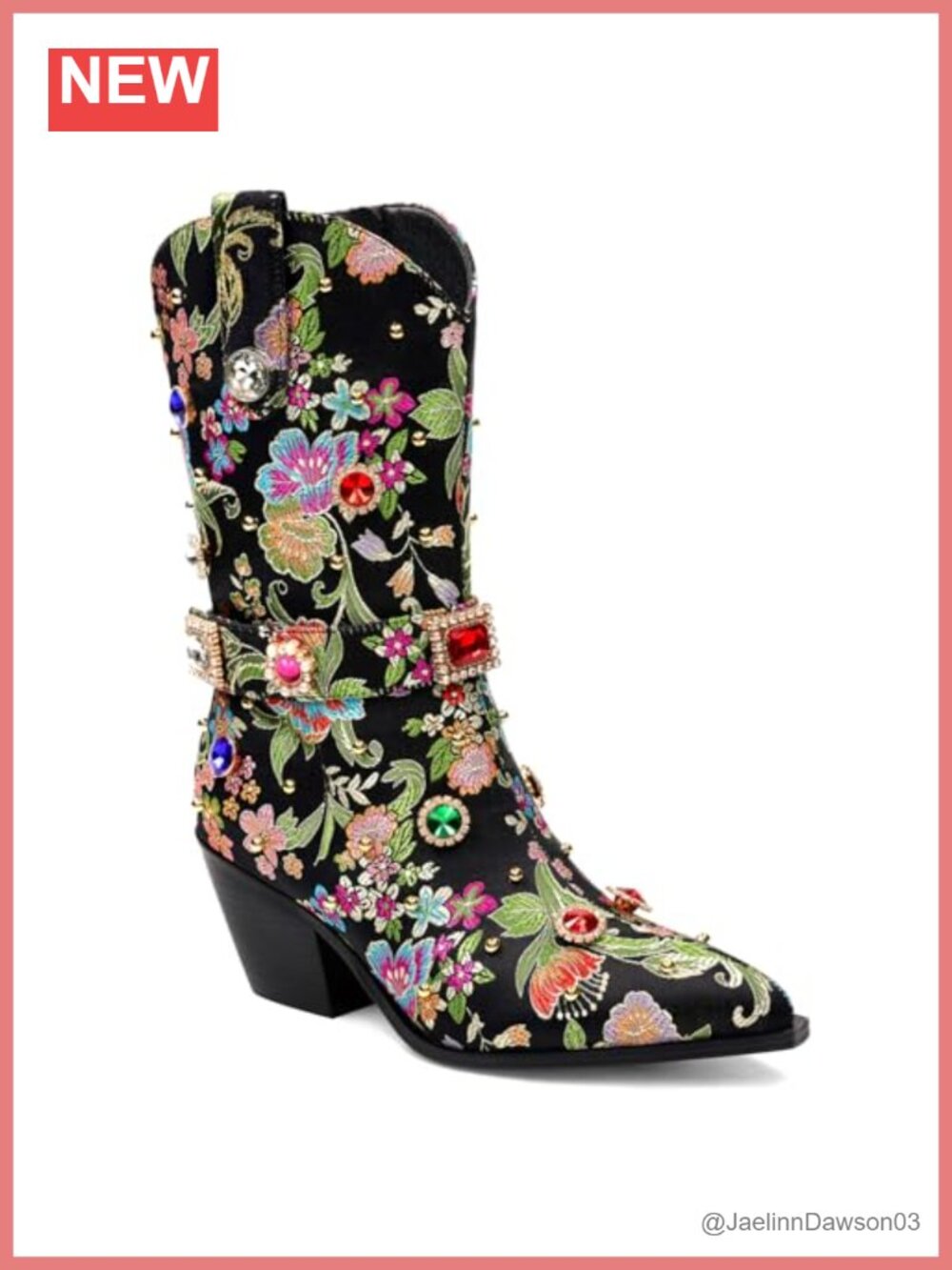 Women Rhinestone Cowboy Boots Sparkly Cowgirl Western Floral Embroidery Mid